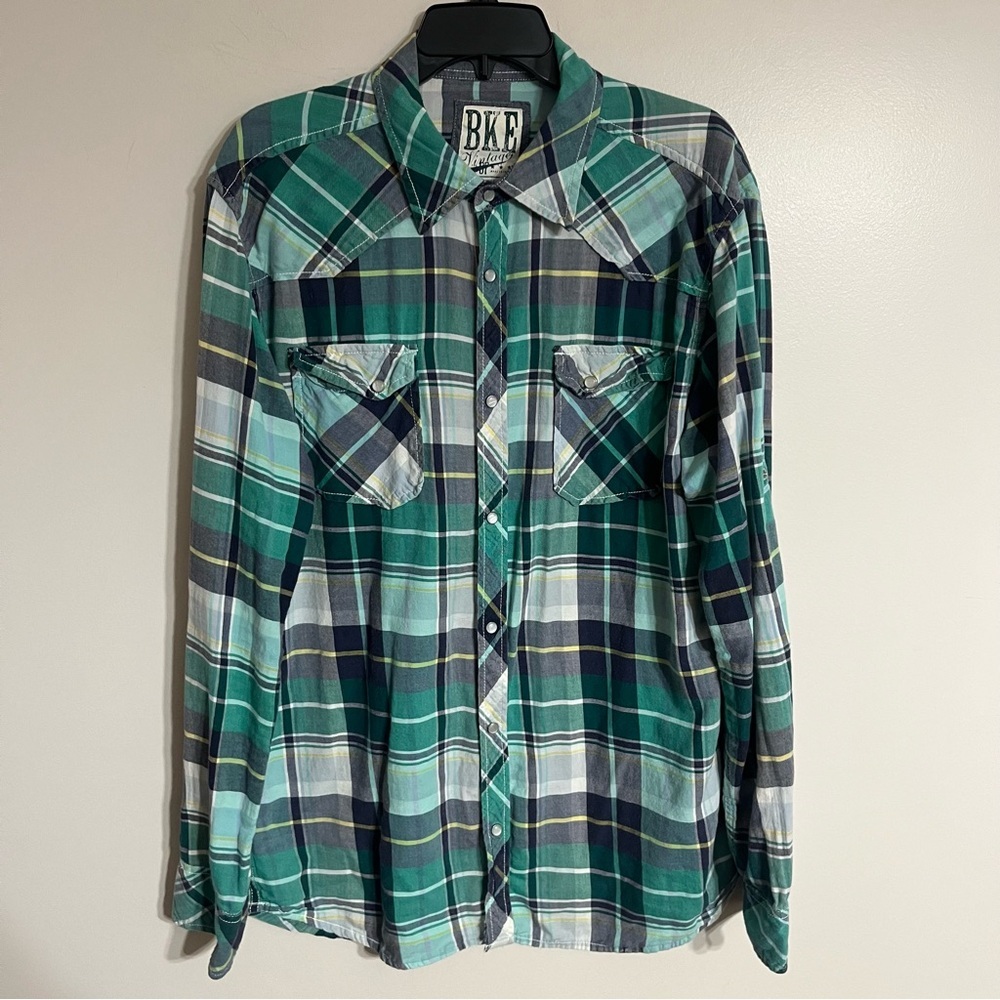 Women's BKE Vintage Fit Long Sleeve Plaid Pearl Snap Shirt size XL‎ Green White